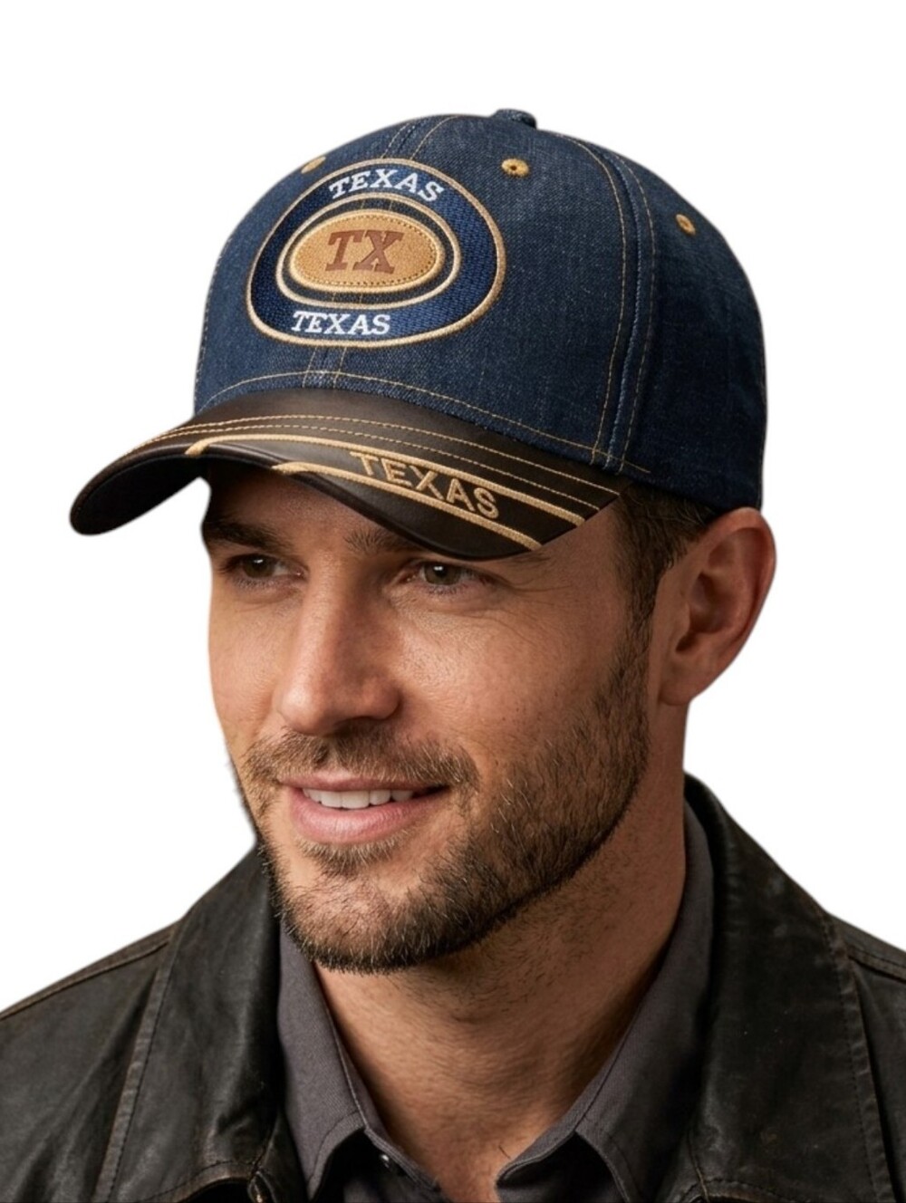Texas Lone Star State Denim Baseball Cap Faux Leather Brim Adjustable Hat Blue